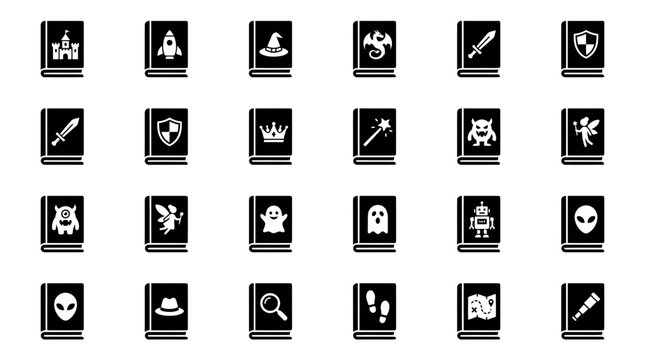 A collection of book genre icons depicting themes like fairy tales, scifi, horror, and mystery. Ideal for publishing, education, and digital interfaces.