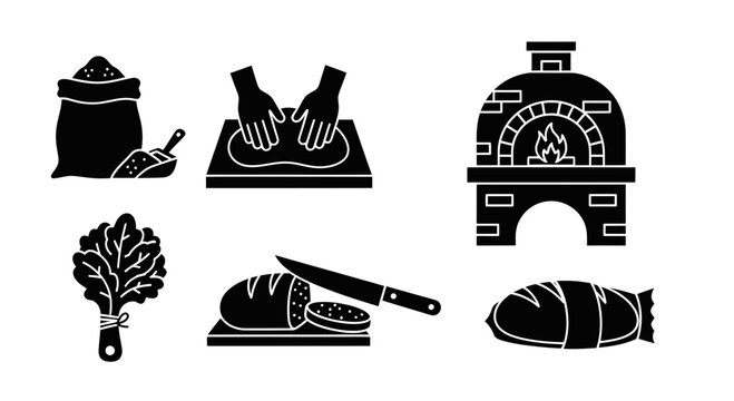 Set of baking and bread making process icons. Features flour, kneading, oven, and finished bread. Ideal for menus, recipes, or foodrelated designs.