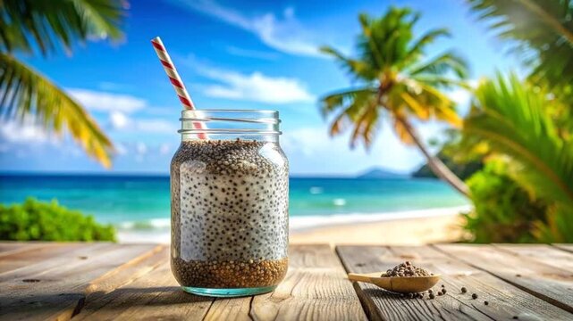 Refreshing chia seed drink in a mason jar on a wooden table with a tropical beach background.