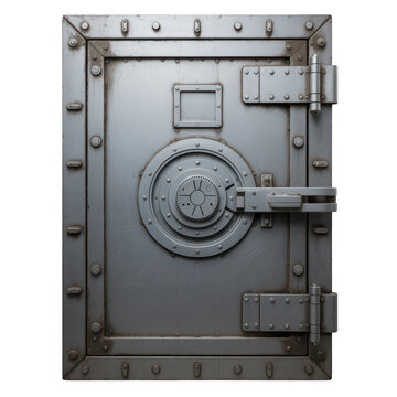 Heavy duty steel bank vault door with circular combination lock on a clean white background view isolated on a transparent background