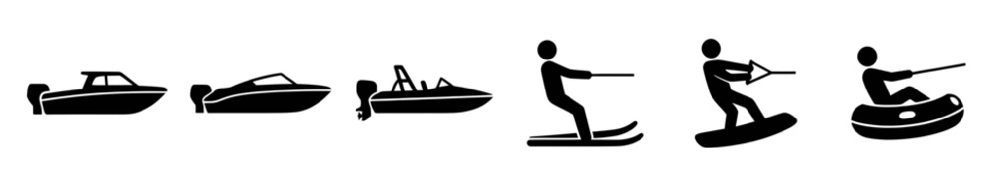 Icons of various speedboats, bowriders, and exciting water sports like water skiing, wakeboarding, and tubing. Ideal for representing summer recreational activities.