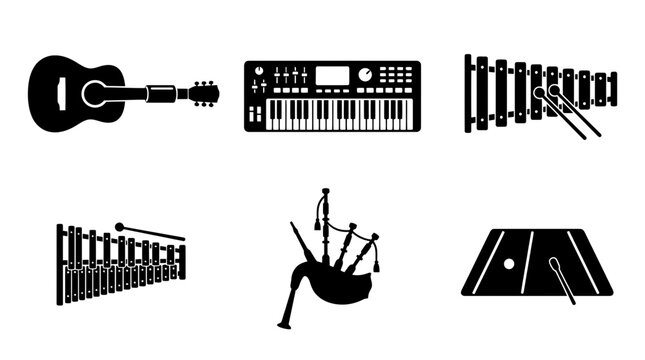 Variety of musical instrument silhouettes for educational content, event posters, and musicrelated branding. Features acoustic, keyboard, percussion, and wind instruments.