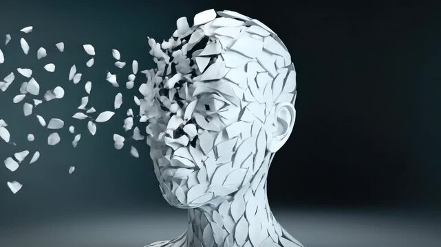 Abstract white human form shattering into many delicate fragments, dissolving away against a deep dark background, symbolizing profound mental change or spiritual loss.