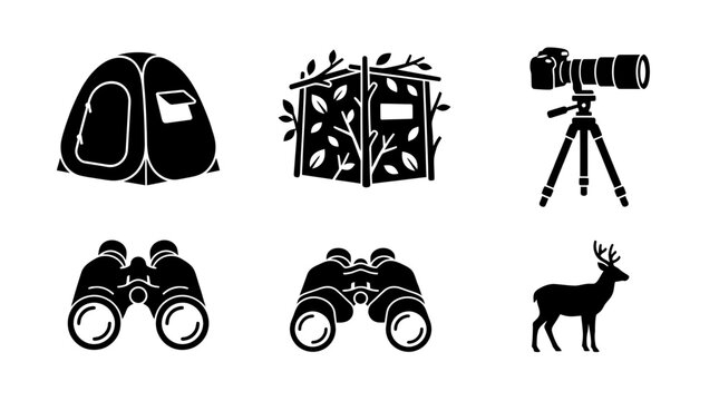 Outdoor adventure and wildlife observation icon set featuring a tent, hunting blind, camera, binoculars, and deer. Perfect for nature themed web and print designs.