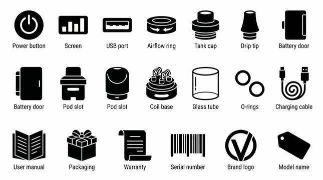 Collection of essential vape device parts, accessories, and documentation icons, perfect for product guides, user manuals, and ecommerce platforms.