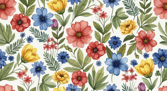 Soft watercolor floral pattern with scattered blossoms and natural textures