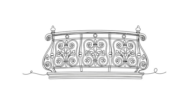 Continuous line drawing of a decorative wrought iron balcony railing featuring elegant floral and scroll motifs. Perfect for architectural, historical, or classic design projects.