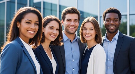 Obraz premium Diverse group of young professionals smiling confidently outdoors in business attire in front of modern office building for teamwork collaboration and success