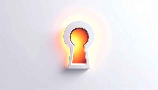 Keyhole revealing bright light on white wall conceptual 3D render minimalist design