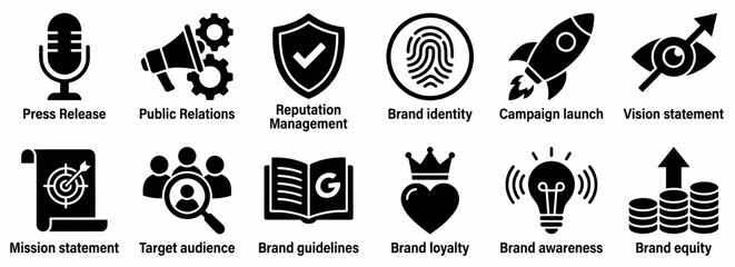 Obraz na płótnie Canvas Comprehensive collection of business and branding strategy icons including public relations, brand identity, mission, and target audience, ideal for marketing presentations.