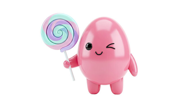 Cute pink egg character holding a colorful lollipop and winking