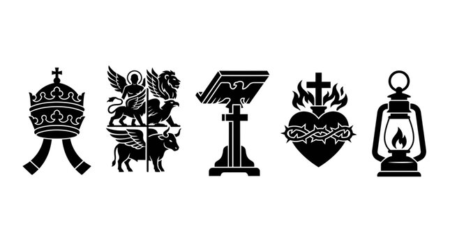 Diverse Christian iconography set includes sacred heart, evangelist figures, papal tiara, church lectern, and a guiding lantern, suitable for religious education.