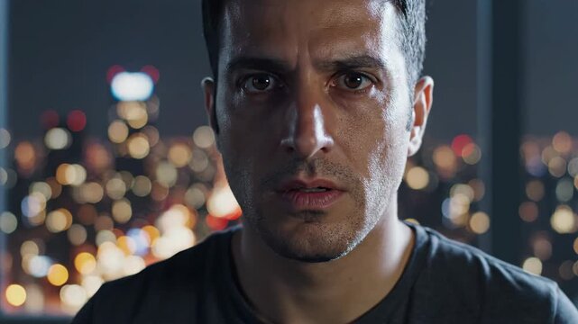 Intense Man Using Binoculars to Spy on City at Night