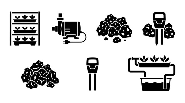 Glyph icons showcasing hydroponic system components like vertical garden, water pump, growing media, and moisture meter, ideal for modern farming and indoor cultivation concepts.