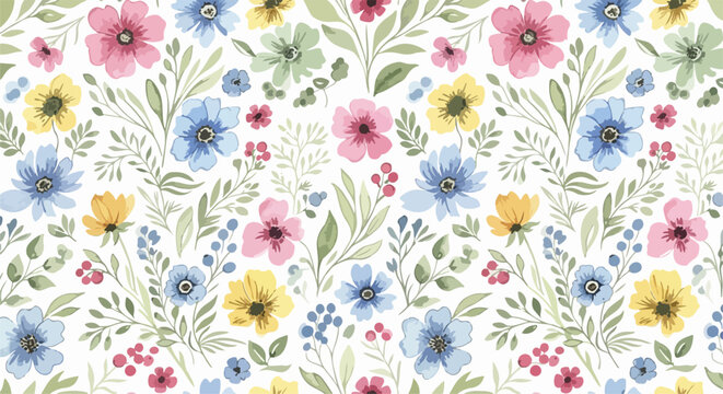 Soft pastel floral background pattern with delicate wildflowers and gentle leafy accents in seamless repetition