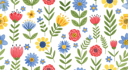Obraz premium Charming meadow blossoms arranged in a seamless repeating pattern with soft natural hues