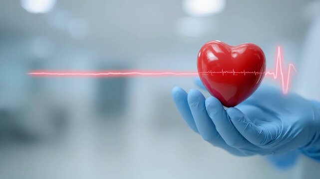 One hand in blue medical glove holding red heart with glowing heartbeat line