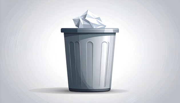 Grey trash can overflowing with crumpled paper rubbish bin concept in cartoon style