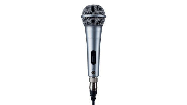 Silver professional microphone with mesh head and black cable