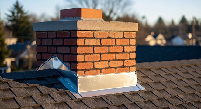 Close-up of a traditional brick chimney on a residential rooftop with a clear sky background and surrounding neighborhood in the distance for home improvement and construction themes