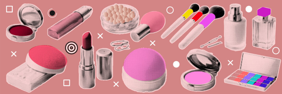 Halftone pop art dot makeup powder lipstick brush foundation perfume palette safety pin cosmetics collection vector illustration