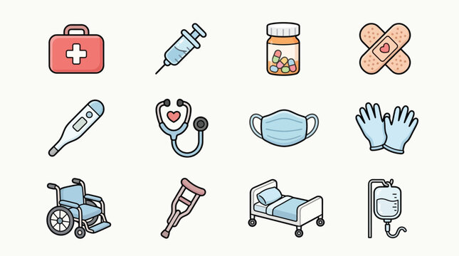 A collection of medical icons representing various healthcare items and equipment used in hospitals and clinics.
