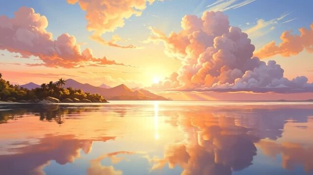 A beautiful sunset over the ocean with f clouds reflecting in the water, creating a serene atmosphere.