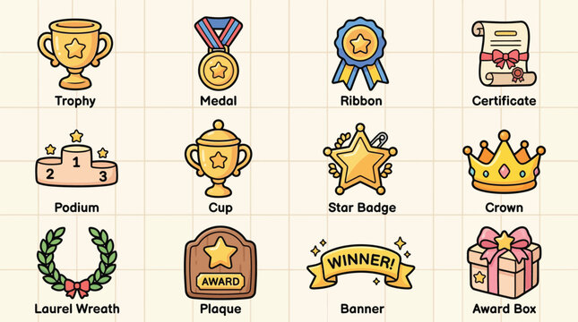 A collection various awards and symbols of achievement, including trophies, medals, ribbons, certificates, podiums, cups, star badges, crowns, laurel wreaths, plaques, banners, and award boxes.