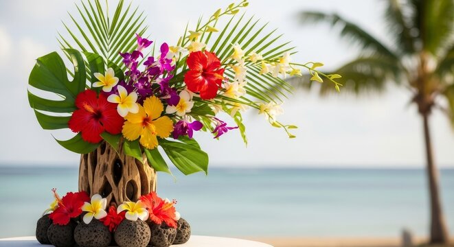 Tropical beach flower arrangement palm tree.