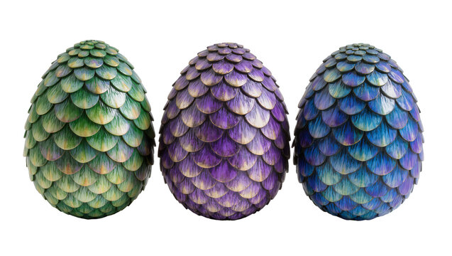Green purple teal scaled dragon eggs arranged in a row
