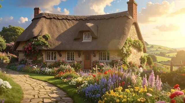 A charming cottage with a thatched roof, surrounded by a vibrant garden and rolling green hills under a blue sky.