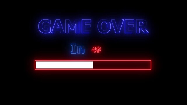 animated game over neon text with countdown and loading progress bar on wet - for gaming, stream screen, and black bagckround.4k motion graphics video animation.