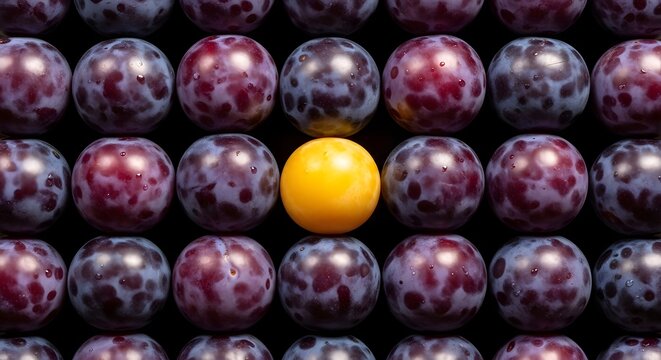 Arrangement of plums with one unique yellow fruit on a dark surface