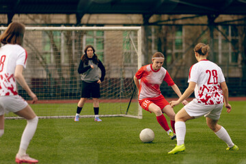Fototapeta premium Young woman soccer players play football.