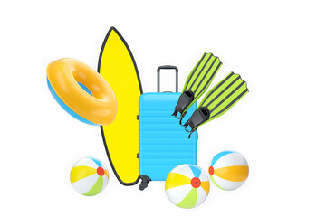 Colorful luggage, beachwear, and holiday accessories in a playful style on white background, summer vacation travel essentials © Vasyl Onyskiv