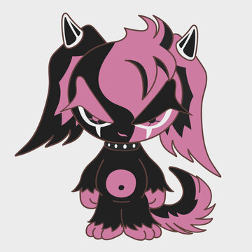 Cute black and pink demon. Funny character. Cartoon character design.