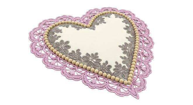 Heart-shaped doily with floral pattern and beaded edge
