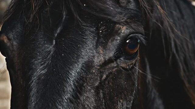 Close-up of a horse's eye, showcasing detail and depth, with a dark background.