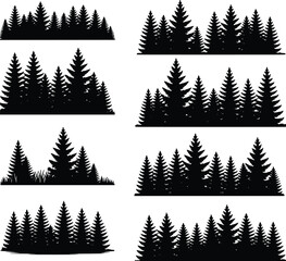 Obraz premium Pine tree silhouettes, fir forest outlines, evergreen clusters, coniferous woodland shapes, black vector illustration, nature design, landscape art, outdoor scenery graphics