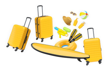 Colorful luggage, beachwear, and holiday accessories in a playful style on white background, summer vacation travel essentials © Vasyl Onyskiv
