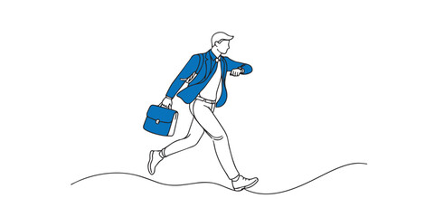 Fototapeta premium single line businessman rushing.continuous line drawing of man walking fast while checking watch and carrying briefcase.late for work concept.one line vector illustration.
