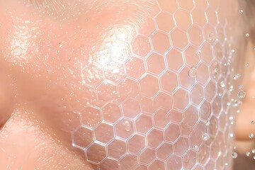 Fototapeta premium Macro skin texture with protective hexagonal moisture barrier and water droplets