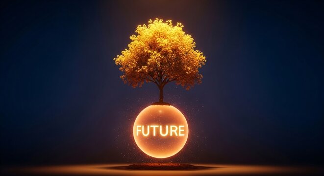 Inspirational image of a vibrant yellow tree growing from a glowing orb with the word FUTURE illuminated beneath it symbolizing growth hope and new beginnings in a dark background