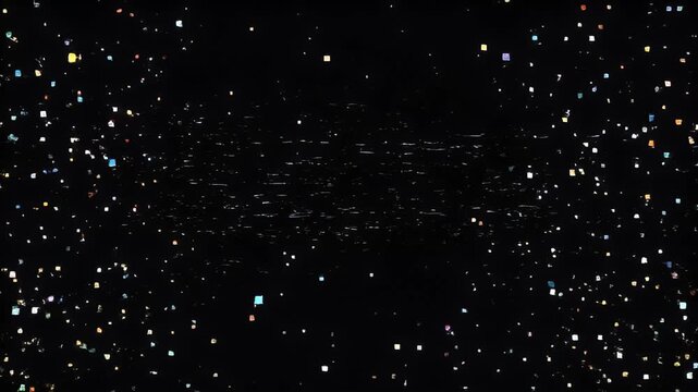 Luminous burst of colorful square particles on black background