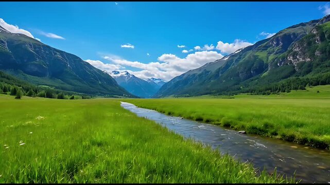 A breathtaking view of a valley. A serene stream meanders through a vast, lush meadow, flanked by towering mountains under a clear blue sky