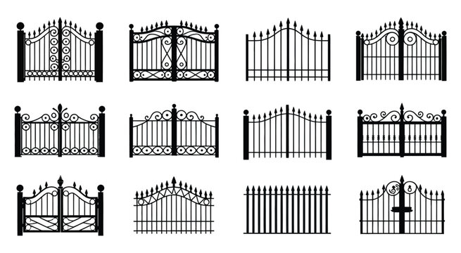 Decorative Wrought Iron Fence Sections Ornamental Metalwork Elegant Patterned Gates Railings Vector Illustration Set Isolated Background