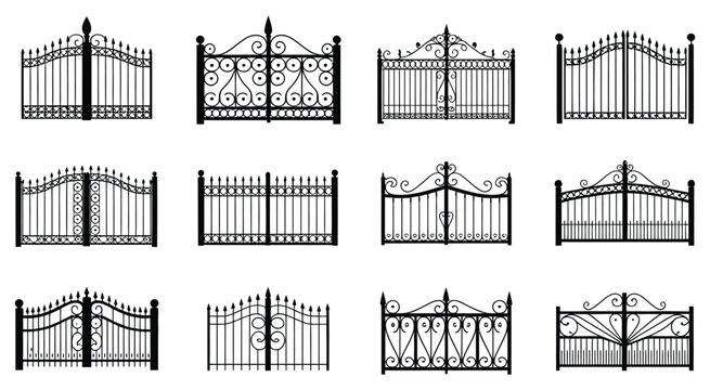Decorative Wrought Iron Fence Sections Ornamental Metalwork Elegant Patterned Gates Railings Vector Illustration Design Isolated Background