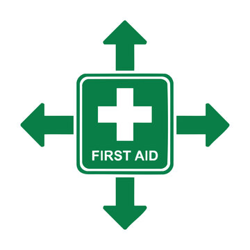 Green first aid sign with arrows pointing four sides.