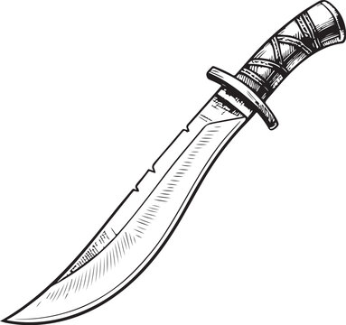 Kukri Decorative collectible Hand-drawn Sketch Drawing Vector Illustration, Line Linear Symbol Black and White Engraving, Isolated
