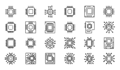 Obraz premium Electronic board and chip architecture icons – outline vector set